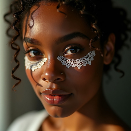 AI-generated photo: Photorealistic studio beauty close-up photograph using an Irish crochet lace panel hung a few inches...