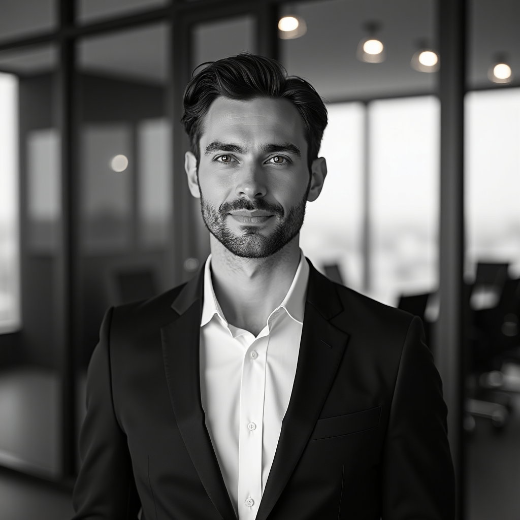 AI-generated photo: Professional black-and-white headshot photography, tight head-and-shoulders crop with direct eye con...