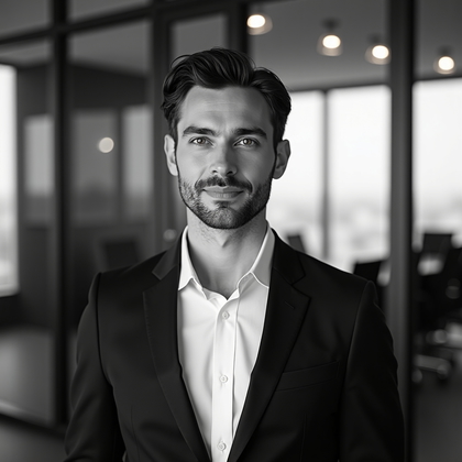 AI-generated photo: Professional black-and-white headshot photography, tight head-and-shoulders crop with direct eye con...