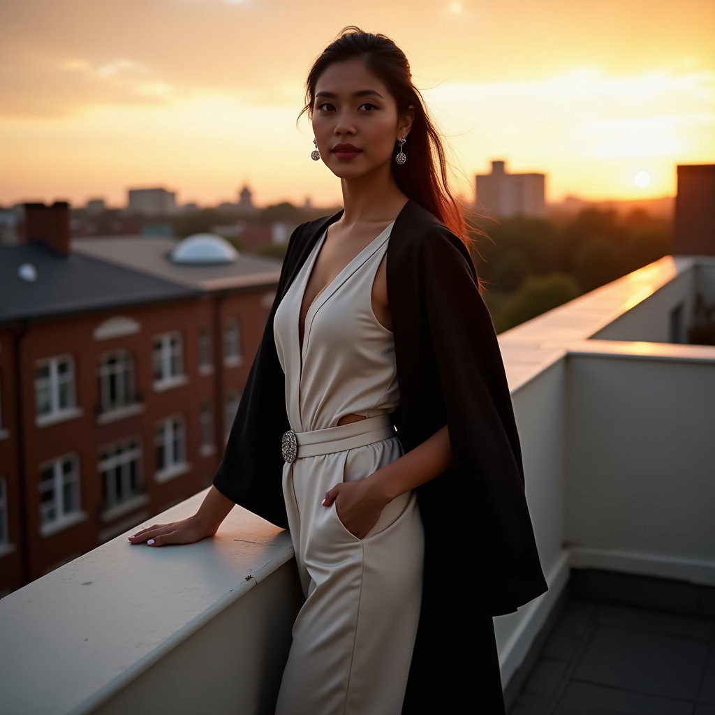AI-generated photo: Fashion portrait photography, a moody rooftop graduation portrait at sunset overlooking the campus s...