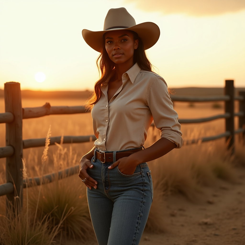 AI-generated photo: Fashion portrait photography, a polished hero cowboy portrait photographed at the edge of a ranch fi...