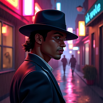 AI-generated photo: Airbrushed caricature poster illustration. A rain-slicked neon alley sets a glossy backdrop as a sat...