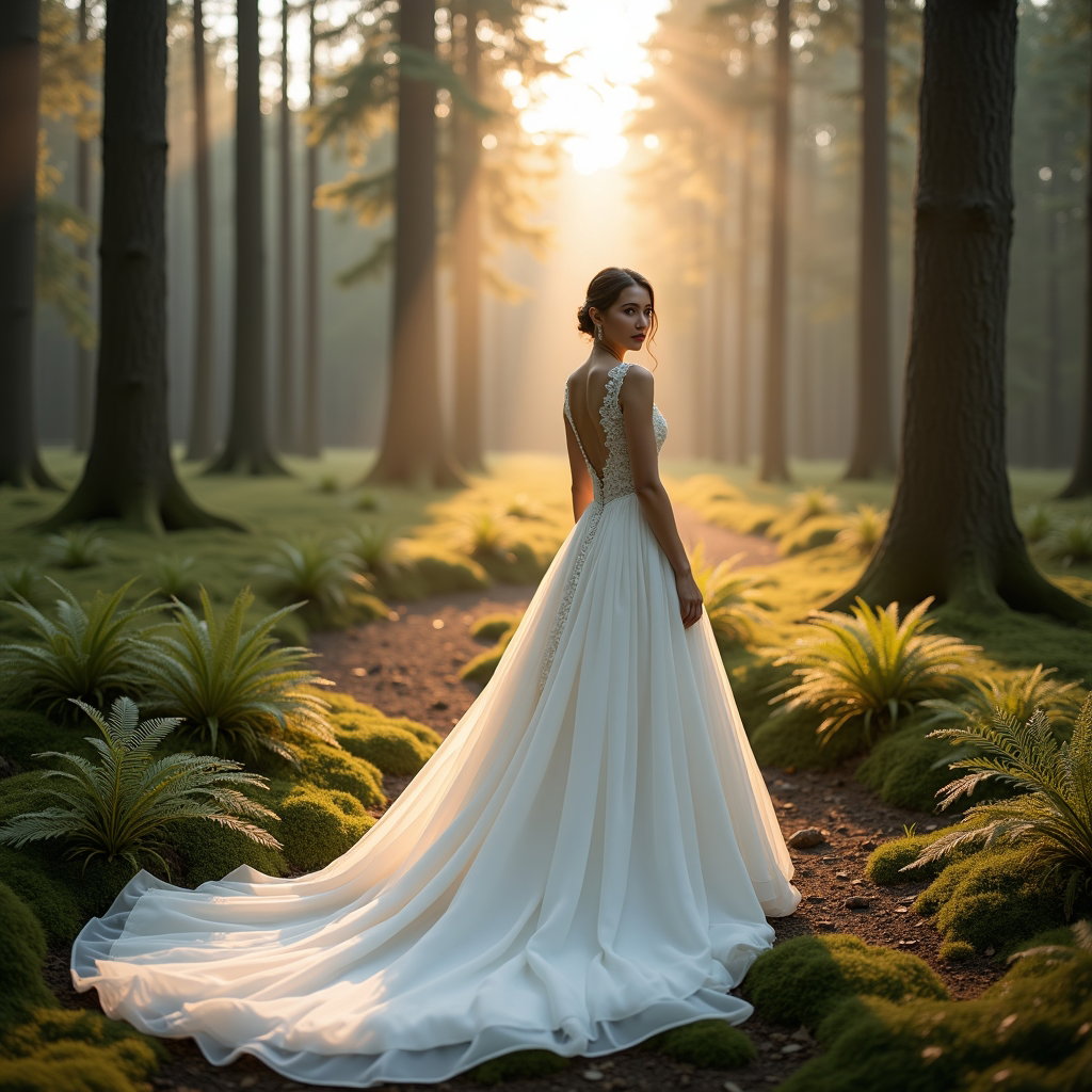 AI-generated photo: Photorealistic wedding photography in a sun‑dappled forest clearing with tall pines and soft ground ...