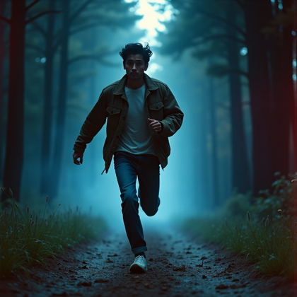 Retro VHS Slasher Poster Portrait example: Retro VHS horror movie poster portrait. Motion/action shot of the subject running through a dark forest path while looki