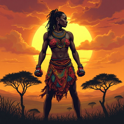 AI-generated photo: **African tribal art-inspired illustration**. The dynamic composition features a UFC fighter in a po...
