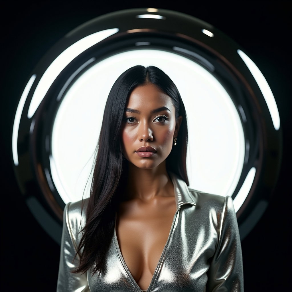 Futuristic Metallic Pop Star Album Cover Portraits example: Photorealistic album cover portrait photography. Editorial hero image with the subject centered beneath a giant circular
