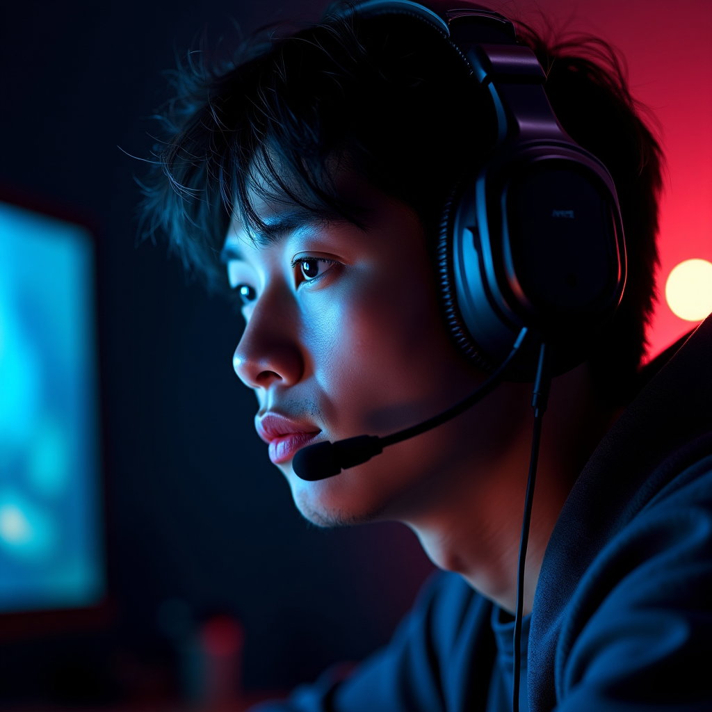 AI-generated photo: Photorealistic gaming portrait photography. Ultra-close head-and-shoulders shot with intense moody l...