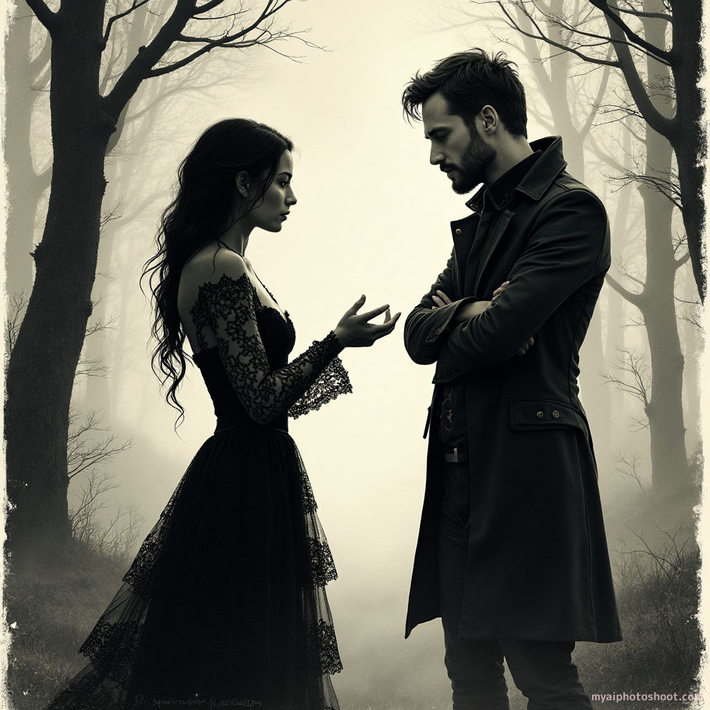 **Gothic lithograph.** A dramatic scene unfolds in a misty forest clearing, where a man and woman face each other in a tense and passionate encounter. The man, wearing a dark leather coat, stands with arms crossed, exuding a brooding intensity. The woman, dressed in a layered black lace dress, extends a hand towards him, her expression a mixture of defiance and longing. The lithograph technique uses bold contrasts and detailed line work to capture the intricate patterns of their attire and the ethereal atmosphere of the forest, with towering trees and swirling mist enveloping the figures, creating a captivating and gothic romantic tension.