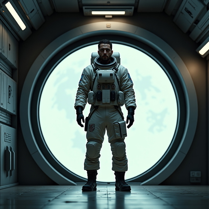 AI-generated photo: Cinematic photorealistic portrait photography, a lone figure stands in the threshold of an airlock c...