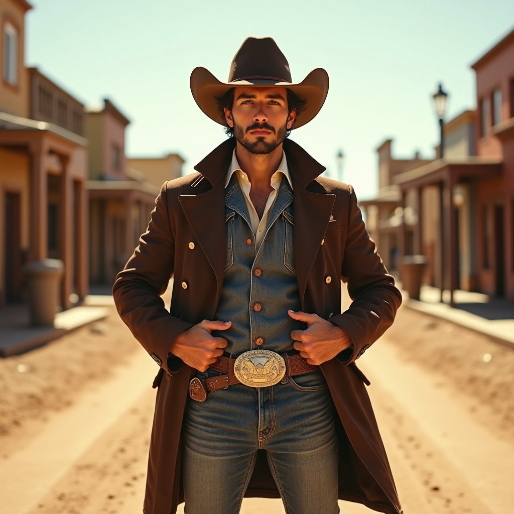 AI-generated photo: Fashion photography, a hands-on-belt-buckle cowboy power pose in the middle of a dusty western stree...