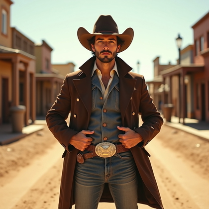 AI-generated photo: Fashion photography, a hands-on-belt-buckle cowboy power pose in the middle of a dusty western stree...