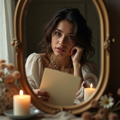 Mirror Reflection Poetcore Portrait With a Handwritten Letter example: Photorealistic portrait photography, an intimate close-up mirror reflection with the face clearly visible in an antique