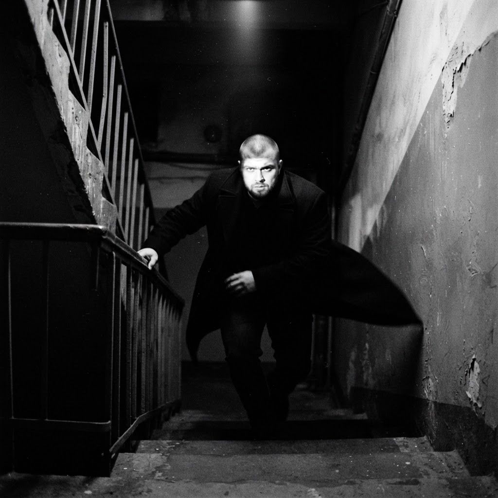 Stairwell Escape: Low-angle noir action photo from the bottom of a steep stairwell, one visible person rushing downward with one hand on the rail, coat…