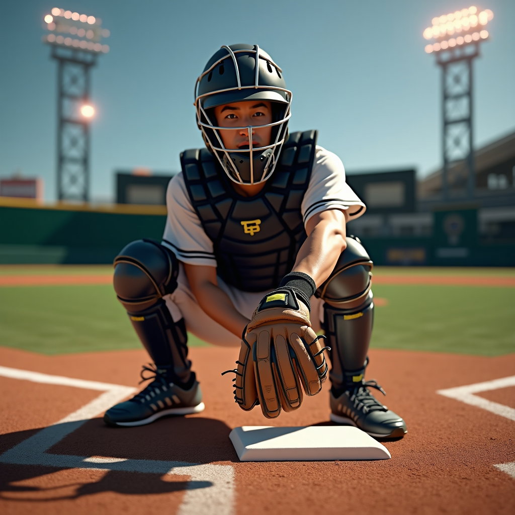 AI-generated photo: Photorealistic sports photography under a retractable roof with bright stadium LEDs creating a verti...