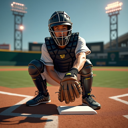 AI-generated photo: Photorealistic sports photography under a retractable roof with bright stadium LEDs creating a verti...