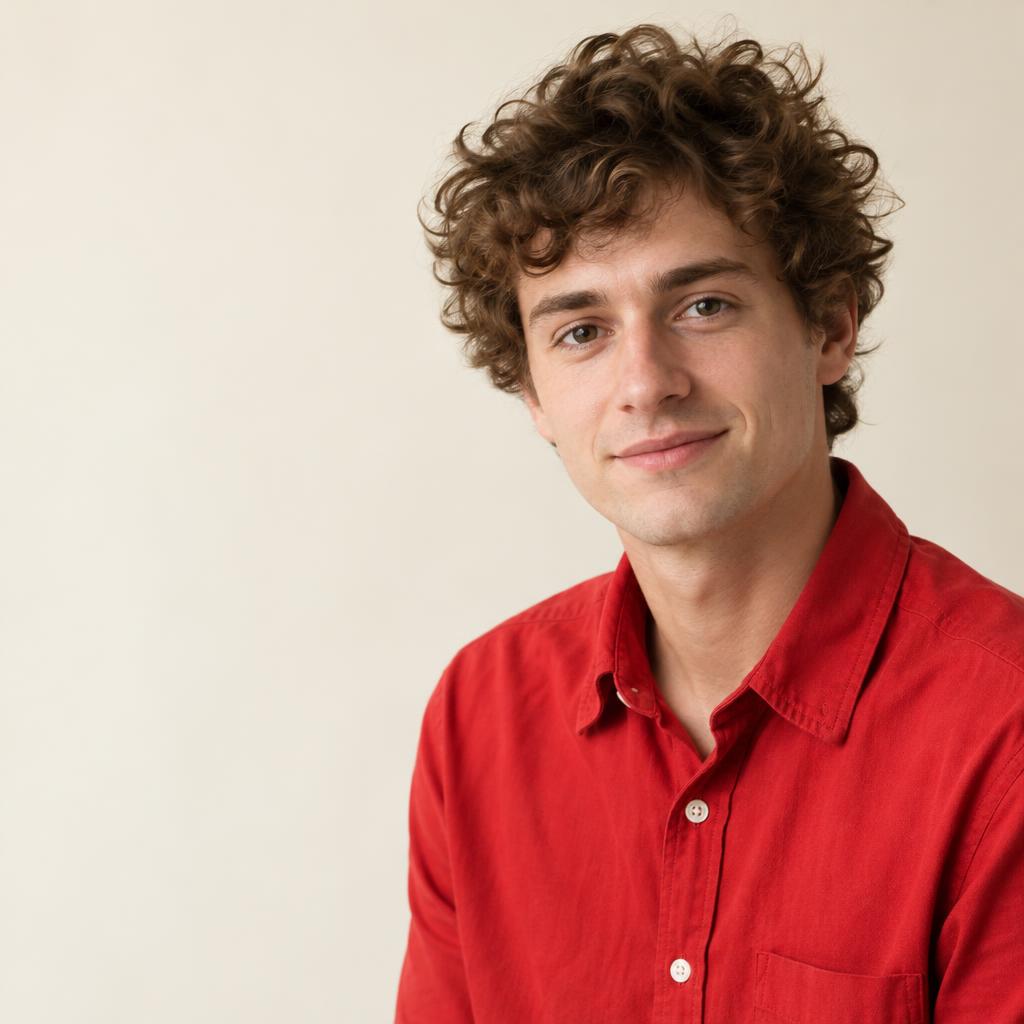 Minimal Studio Card Portrait: Photorealistic studio portrait against a smooth cream backdrop.
