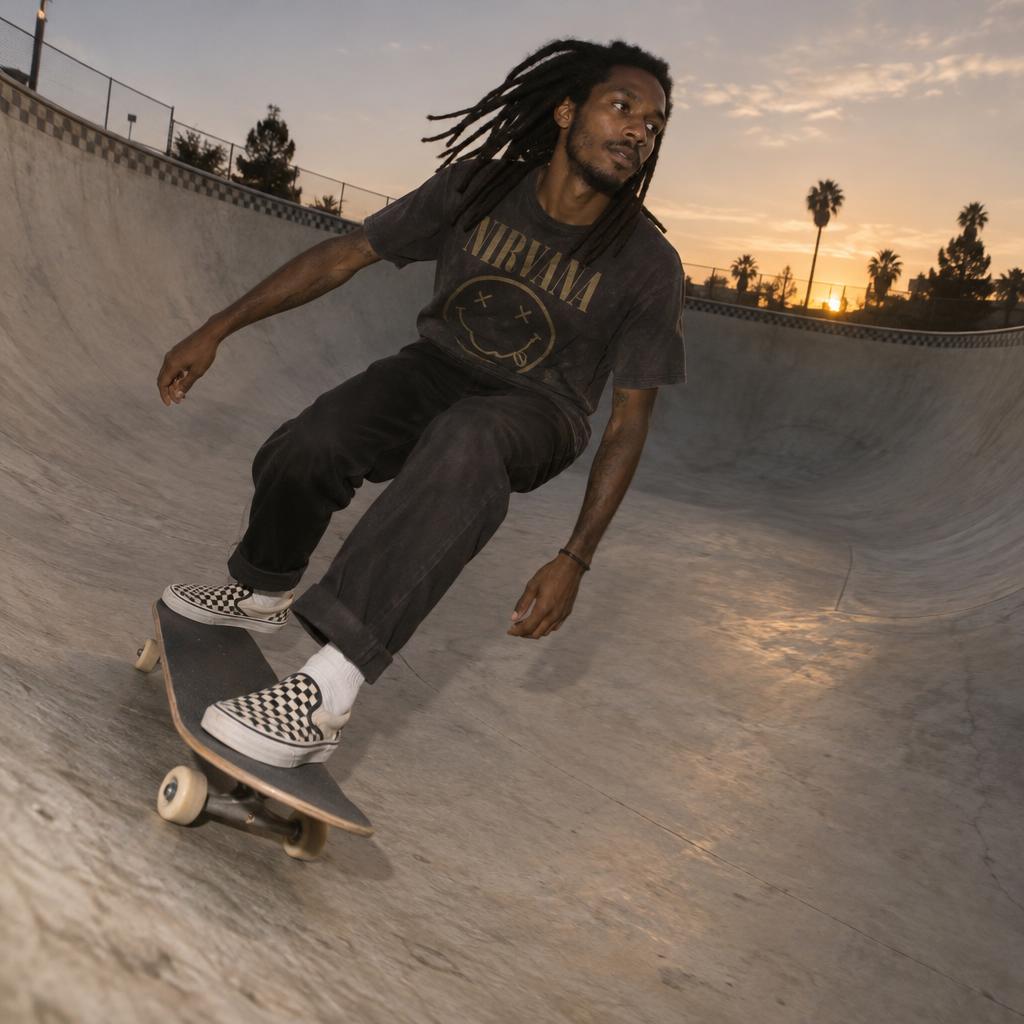 Skate-Park Wide-Angle: A low, wide-angle view follows one skater crossing the deepest part of an empty concrete bowl, leaning into the next curve with checkerboard…