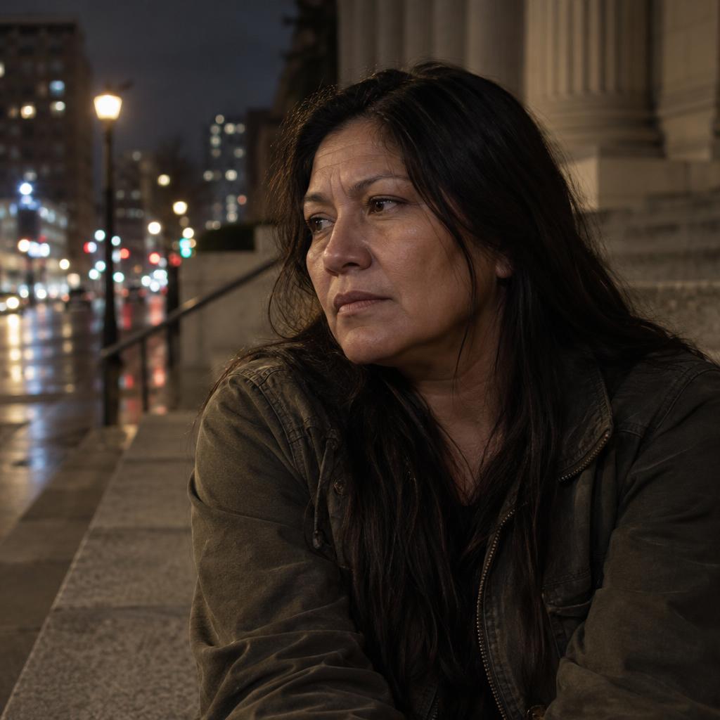 Gritty Crime-Drama Profile: Realistic acting headshot on broad public steps beside a city street at night.