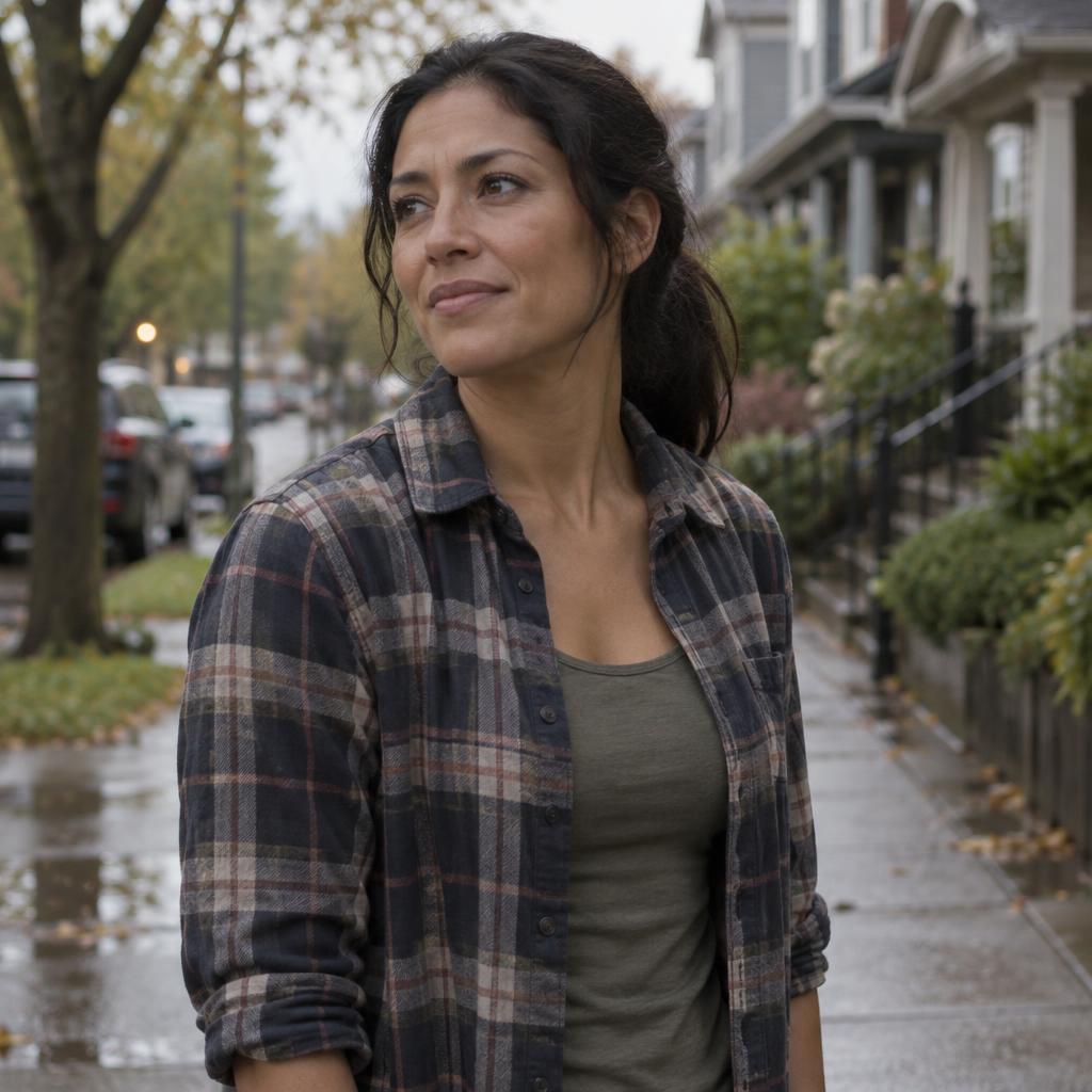 Grounded Indie-Film Portrait: Natural waist-up portrait on a residential street after light rain.