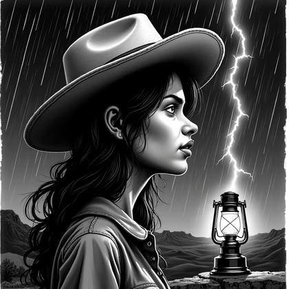 AI-generated photo: Scratchboard caricature illustration: on a high desert ridge during a violent storm, a fork of light...