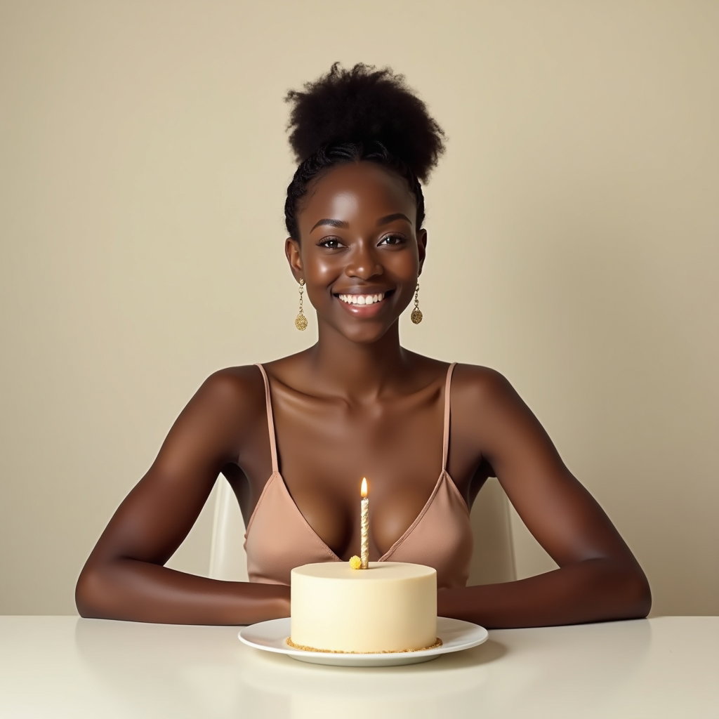 Birthday Photos That Avoid Cluttered Backgrounds and Awkward Crops example: Photorealistic birthday portrait photography. A half-body portrait seated at a minimalist table with a small cake center
