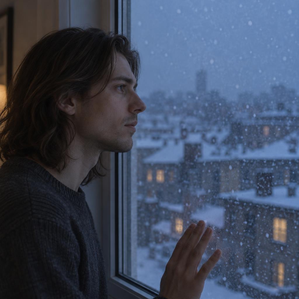 Window-Lit Snowfall Silhouette: A contemplative blue-hour portrait beside an apartment window, with no street decorations in view.