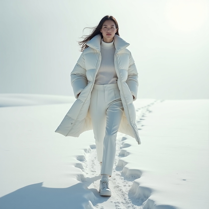 AI-generated photo: Photorealistic fashion editorial photo on a windswept snowfield with the subject mid-stride in a scu...