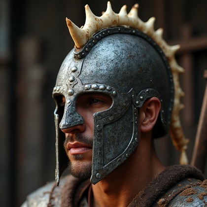 AI-generated photo: Cosplay accessory close-up of a fierce, warrior’s helmet made from weathered steel, its surface marr...