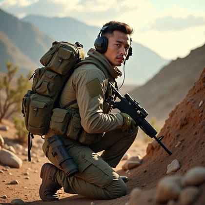 AI-generated photo: Photorealistic military portrait photograph, subject in full field kit crouched low behind a dirt be...