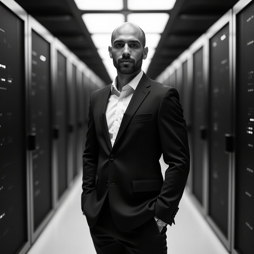 AI-generated photo: Professional black-and-white headshot photography in a high-security data center aisle, symmetrical ...