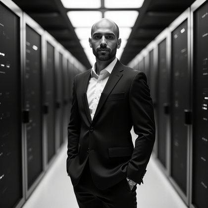 AI-generated photo: Professional black-and-white headshot photography in a high-security data center aisle, symmetrical ...