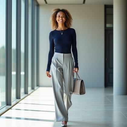 Pantalon large et haut en maille : photo lumineuse d’un espace de travail moderne, la personne marchant le long d’une rangée de hautes fenêtres, une main effleurant la bandoulière d’un sac de travail.