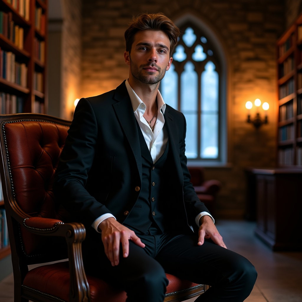 Gothic Window Silhouette Portrait example: Dating profile photo, environmental portrait inside an old stone library with a narrow Gothic window glowing behind the