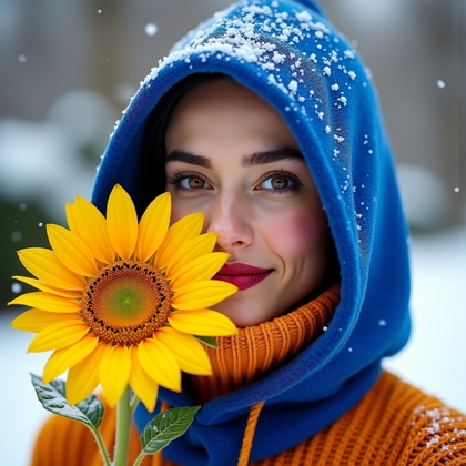 AI-generated photo: Photorealistic editorial beauty photograph: in a botanical garden entry blanketed by snowfall, the s...