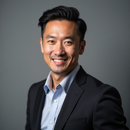 Professional headshot photo of a head-and-shoulders composition on a neutral mid-gray seamless backdrop, soft clamshell lighting for flattering facial illumination with a subtle top kicker for clean separation, tailored dark blazer with a crisp light dress shirt and minimal jewelry, shoulders angled slightly with a confident direct gaze, neutral color palette with precise white balance and gentle vignette to keep the face clearly emphasized.
