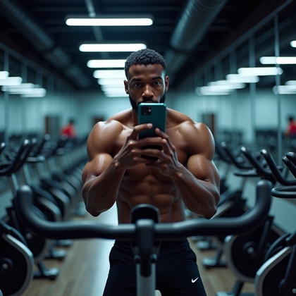 AI-generated photo: Photorealistic fitness photography in a spin studio with a full-wall mirror: shirtless, waist-up com...
