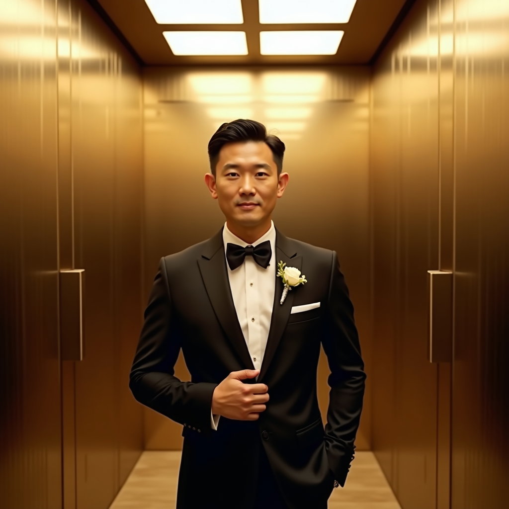 AI-generated photo: Photorealistic wedding photography inside a mirrored brass elevator, subject standing centered with ...