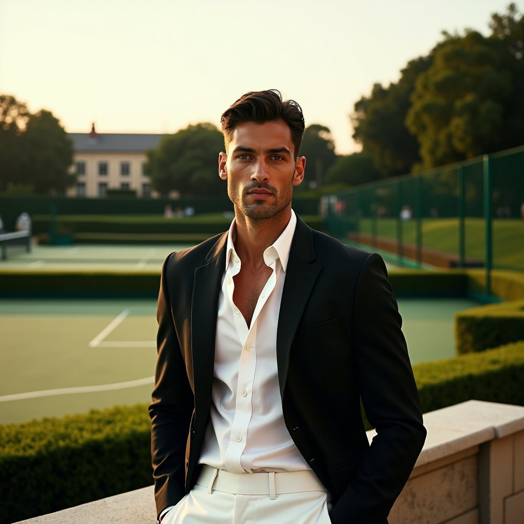 Off-Court Clubhouse Tenniscore Portraits example: Photorealistic editorial portrait photography. Hero image on a clubhouse terrace overlooking tennis courts, the subject