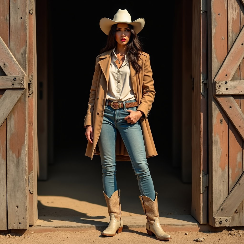 AI-generated photo: Photorealistic fashion photography, an editorial cowboy portrait captured in front of a worn stable ...