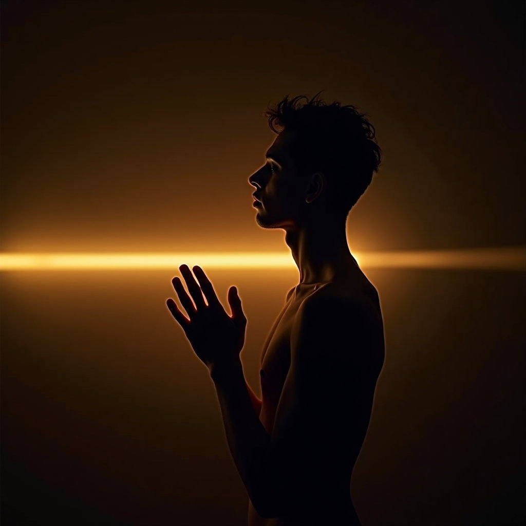 AI-generated photo: Photorealistic studio portrait photograph. The subject is photographed full torso in profile, standi...