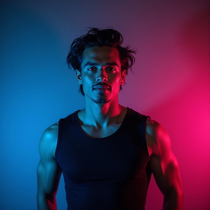 AI-generated photo: Photorealistic studio portrait photograph. The subject is positioned in the center of a seamless stu...