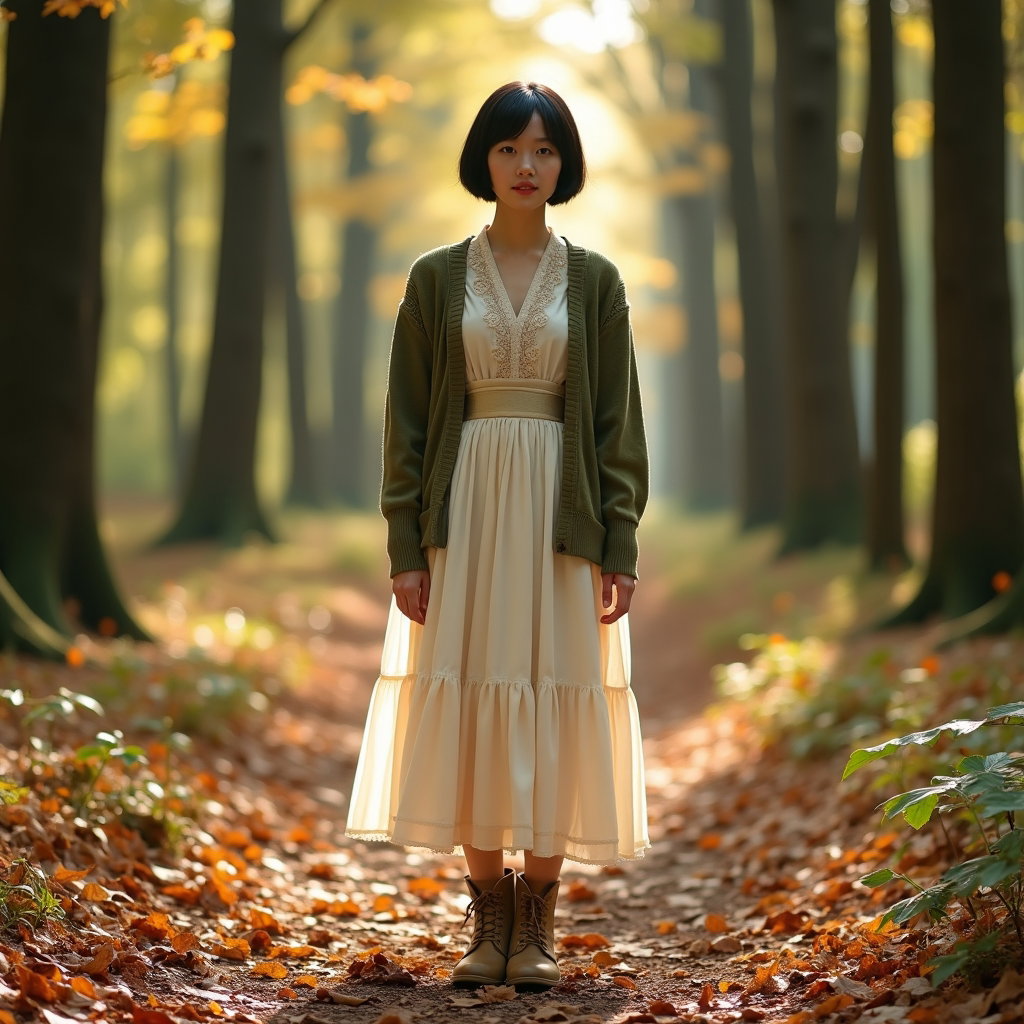 Portrait en pied sur un sentier forestier : photo en pied sur un sentier forestier couvert de feuilles au moment où il disparaît dans un virage, le sujet en pose de trois quarts, les pieds croisés…