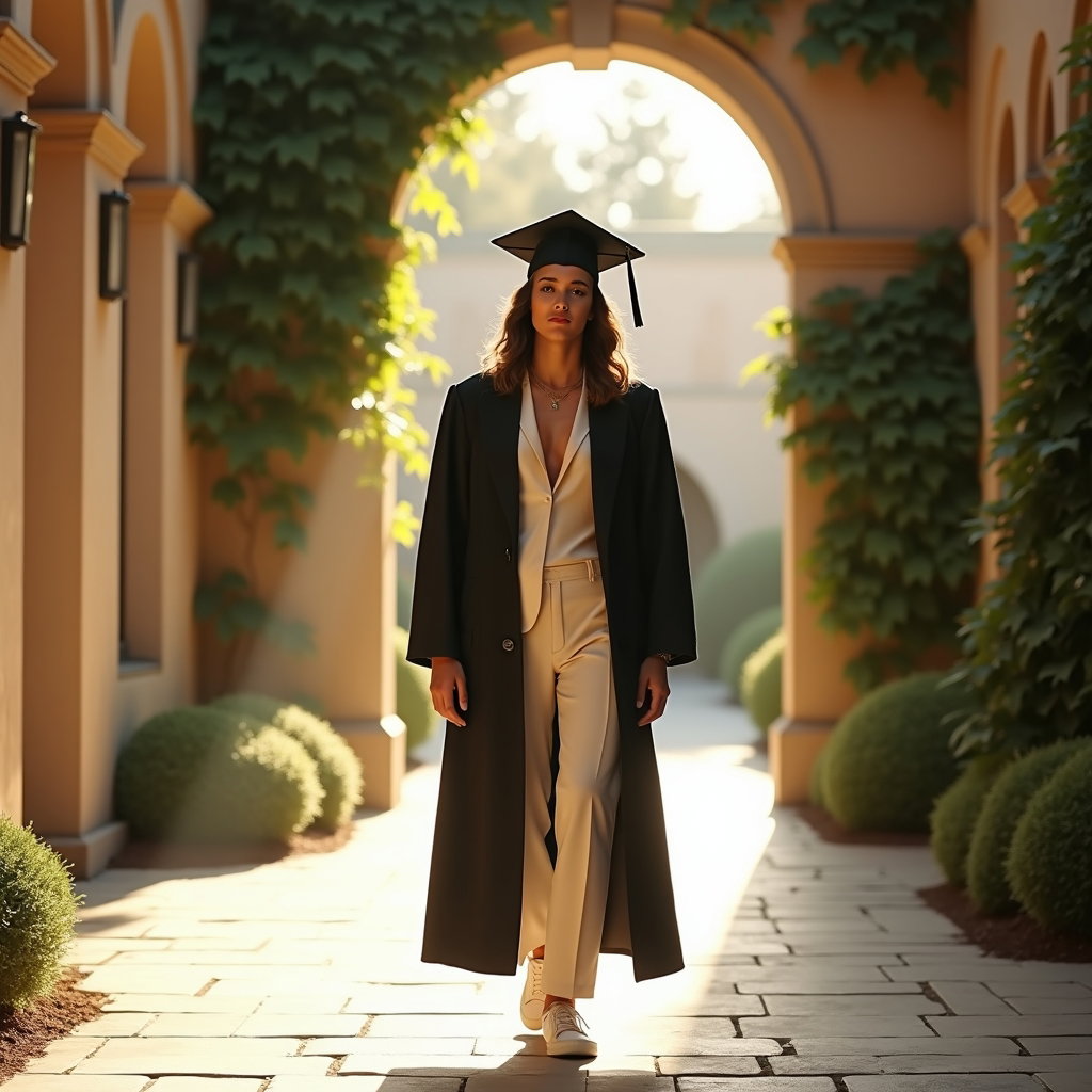 AI-generated photo: Photorealistic fashion portrait, a dreamy sunlit graduate portrait created in a historic campus cour...