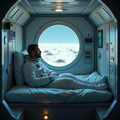AI-generated photo: Cinematic photorealistic portrait photography, inside a cramped moon base sleeping compartment, an a...