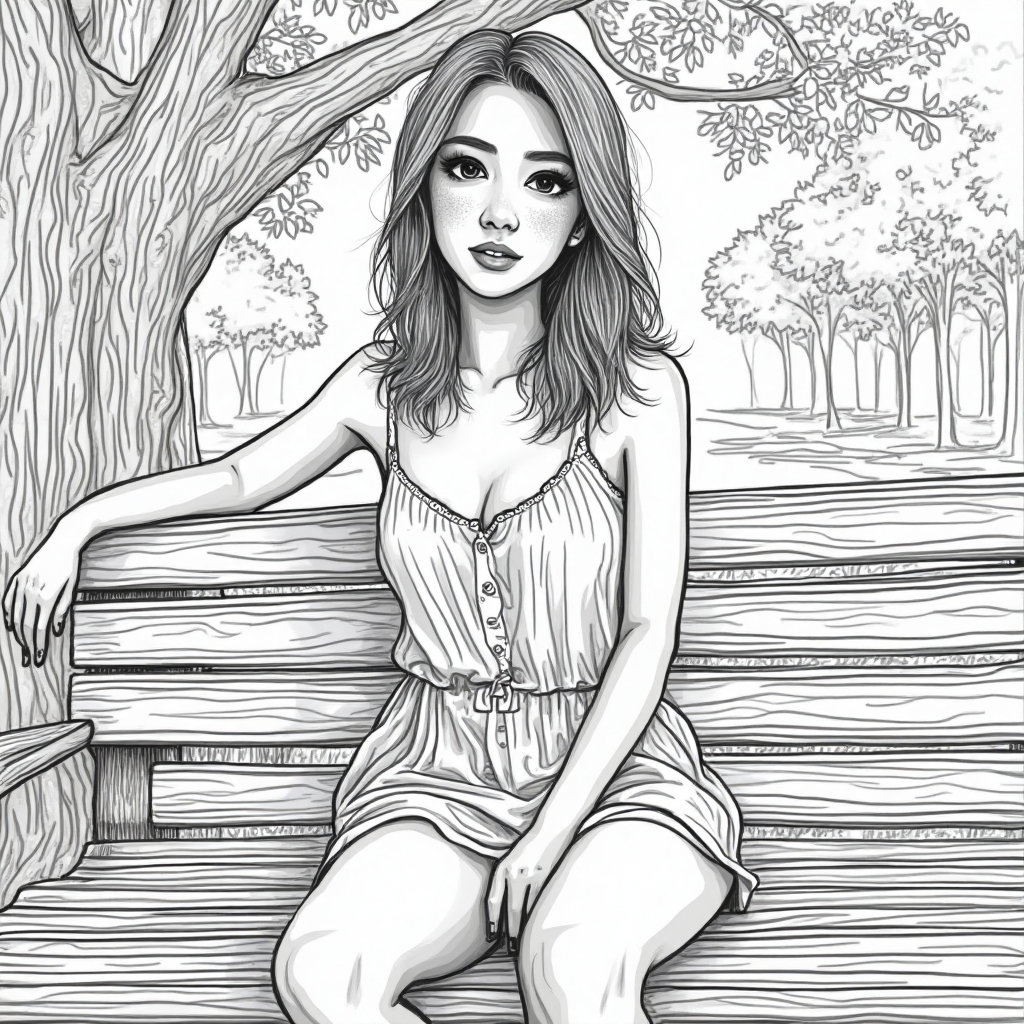 AI-generated photo: **Line Art Drawing.** Design a detailed line art portrait of a young woman in a public park setting....