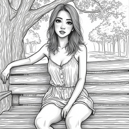 AI-generated photo: **Line Art Drawing.** Design a detailed line art portrait of a young woman in a public park setting....