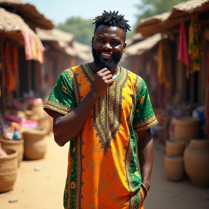 AI-generated photo: Cultural Attire Portrait featuring a man dressed in a vibrant West African dashiki, made from richly...