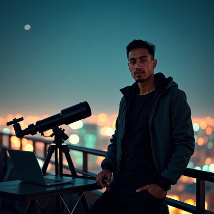 AI-generated photo: Photorealistic portrait photograph, astro explorer on a rooftop observatory terrace in the city, wea...