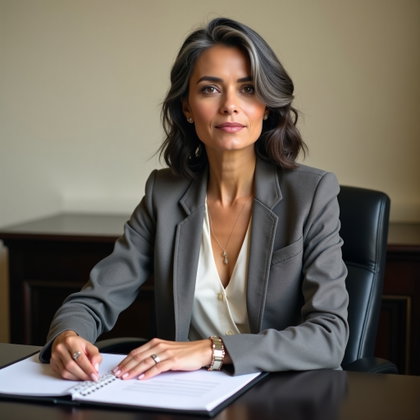Blazer et blouse en soie : scène classique à une table d’entretien dans un bureau calme, avec un plateau sombre et des murs crème.