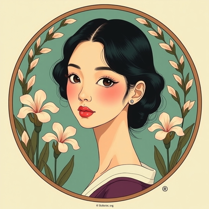 Art Nouveau lithograph illustration: A three-quarter portrait set within an oval cartouche framed by whiplash iris stems and stylized laurel, rendered in flat poster color with elegant contour lines, the face turned toward the viewer to ensure clarity and presence. A restrained palette of celadon, cream, and deep plum creates sophisticated harmony while micro-stippling modulates the visage and neck. Authentic lithographic grain, slight ink offset at edges, and a small corner monogram complete the period finish.